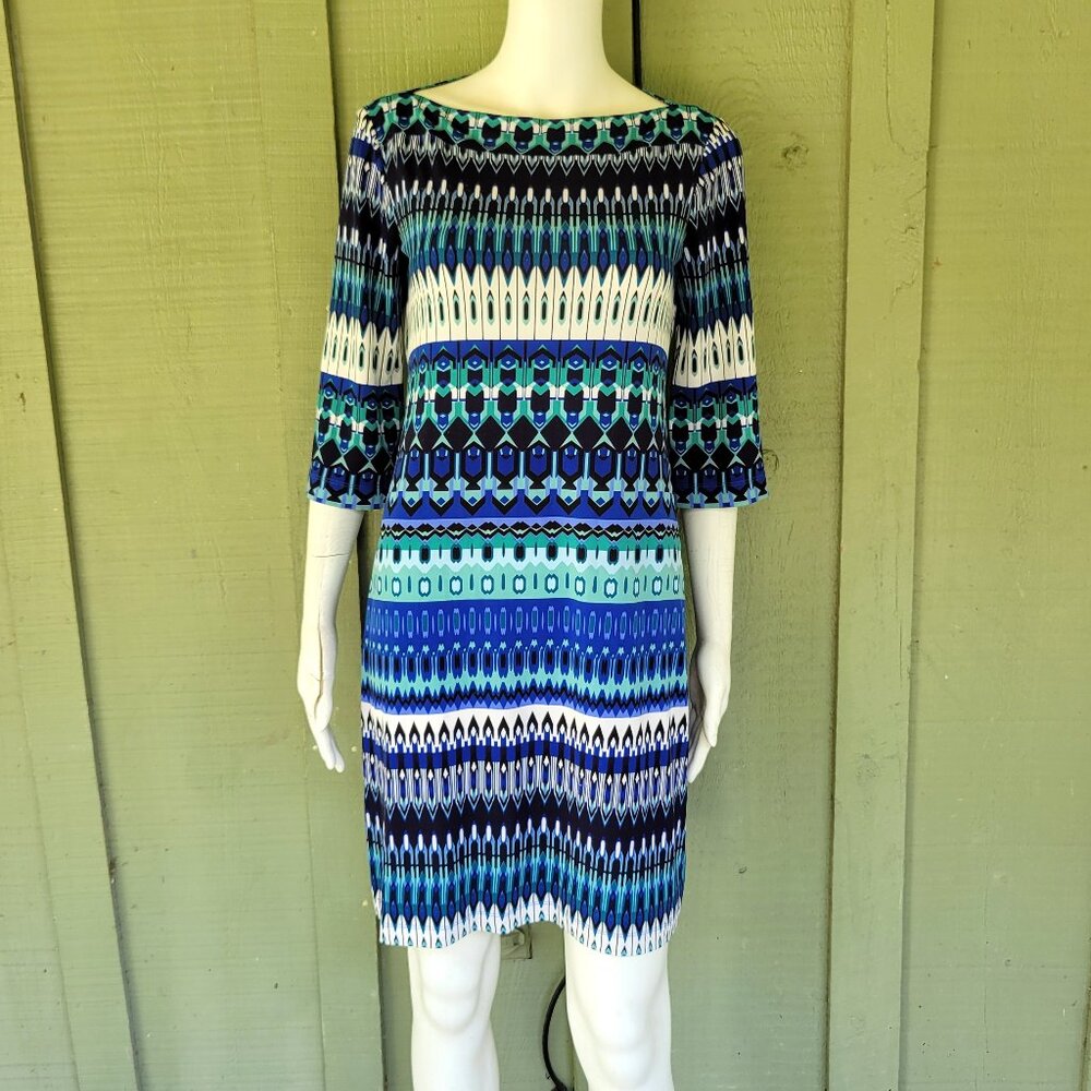 New DONNA MORGAN Blue Green Slinky Print Shift Dress 4